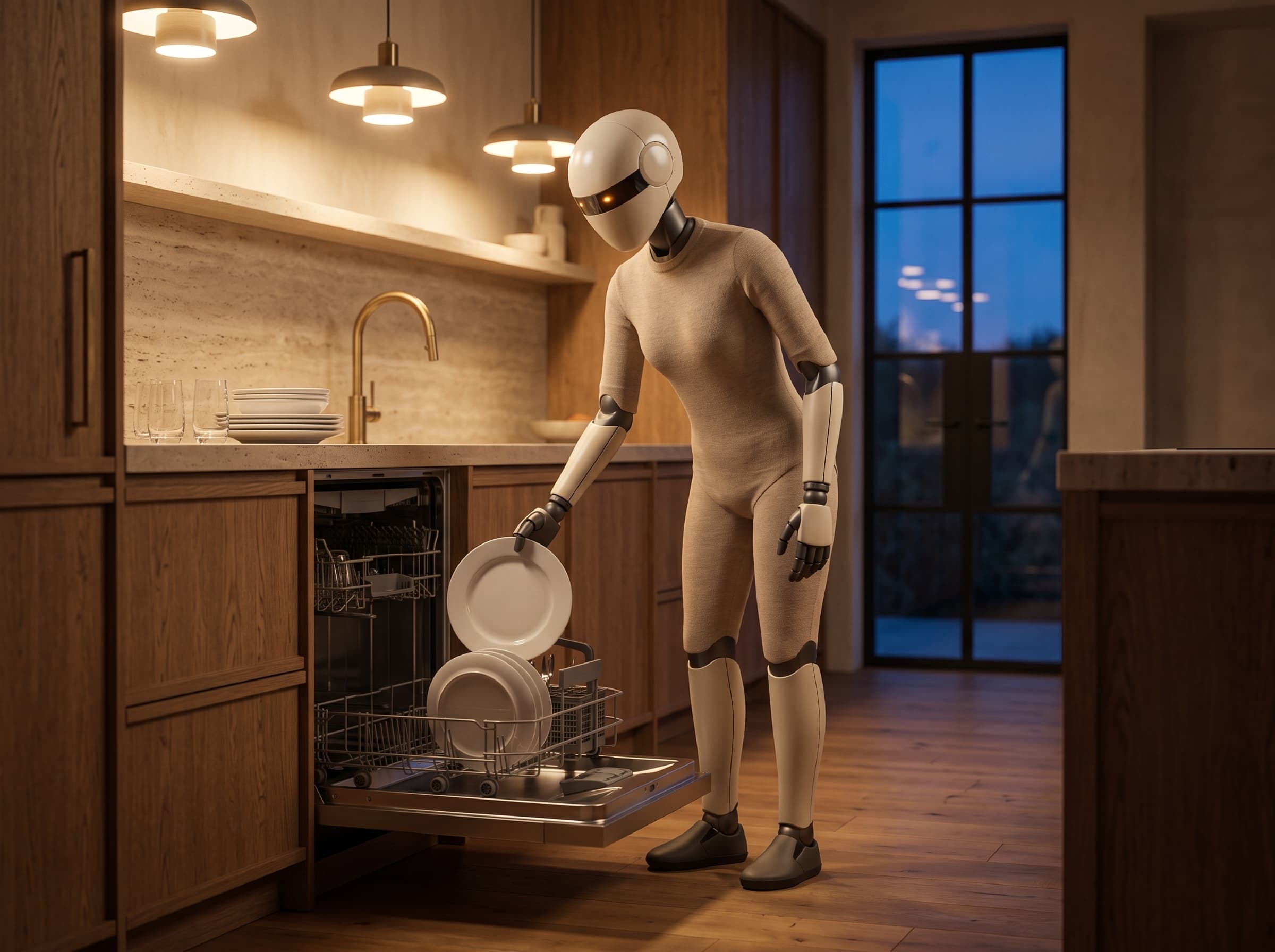 Oriel bending at the knees to place a white plate into an open dishwasher in a warmly lit kitchen at dusk.