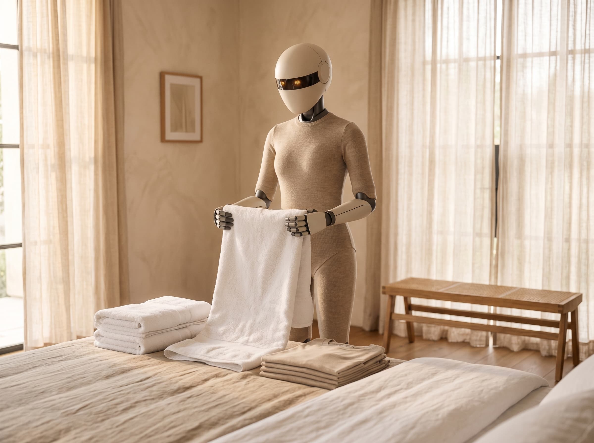 Oriel folding a white bath towel at the foot of a neatly made bed beside stacks of folded laundry.