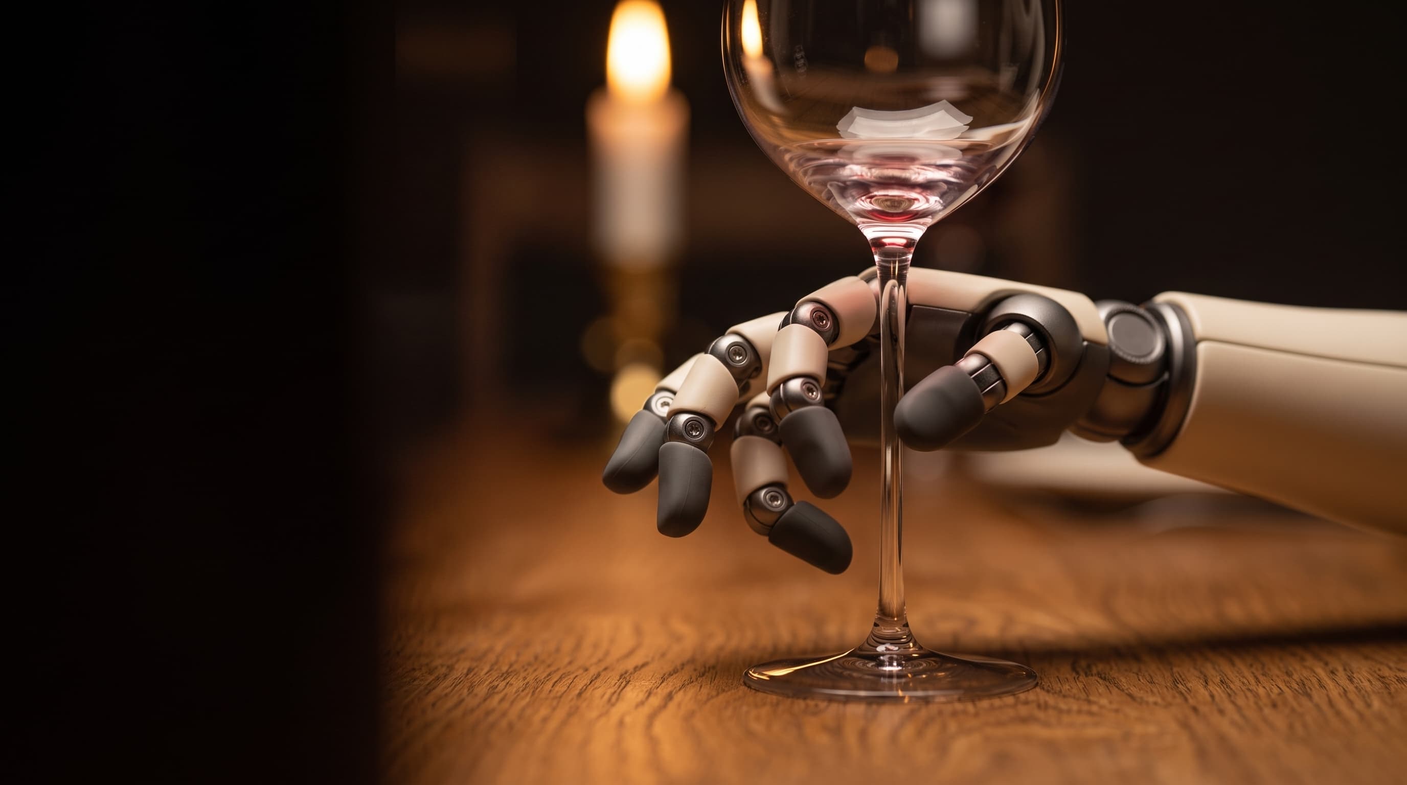Macro view of Oriel's articulated graphite fingers lifting a thin-stemmed wine glass from an oak table by candlelight.