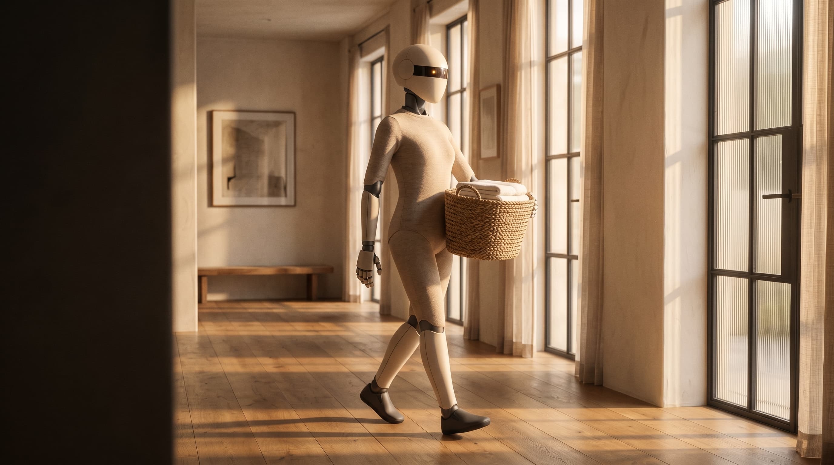 Oriel walking mid-stride down a sunlit hallway, carrying a woven basket of folded white towels against its hip.