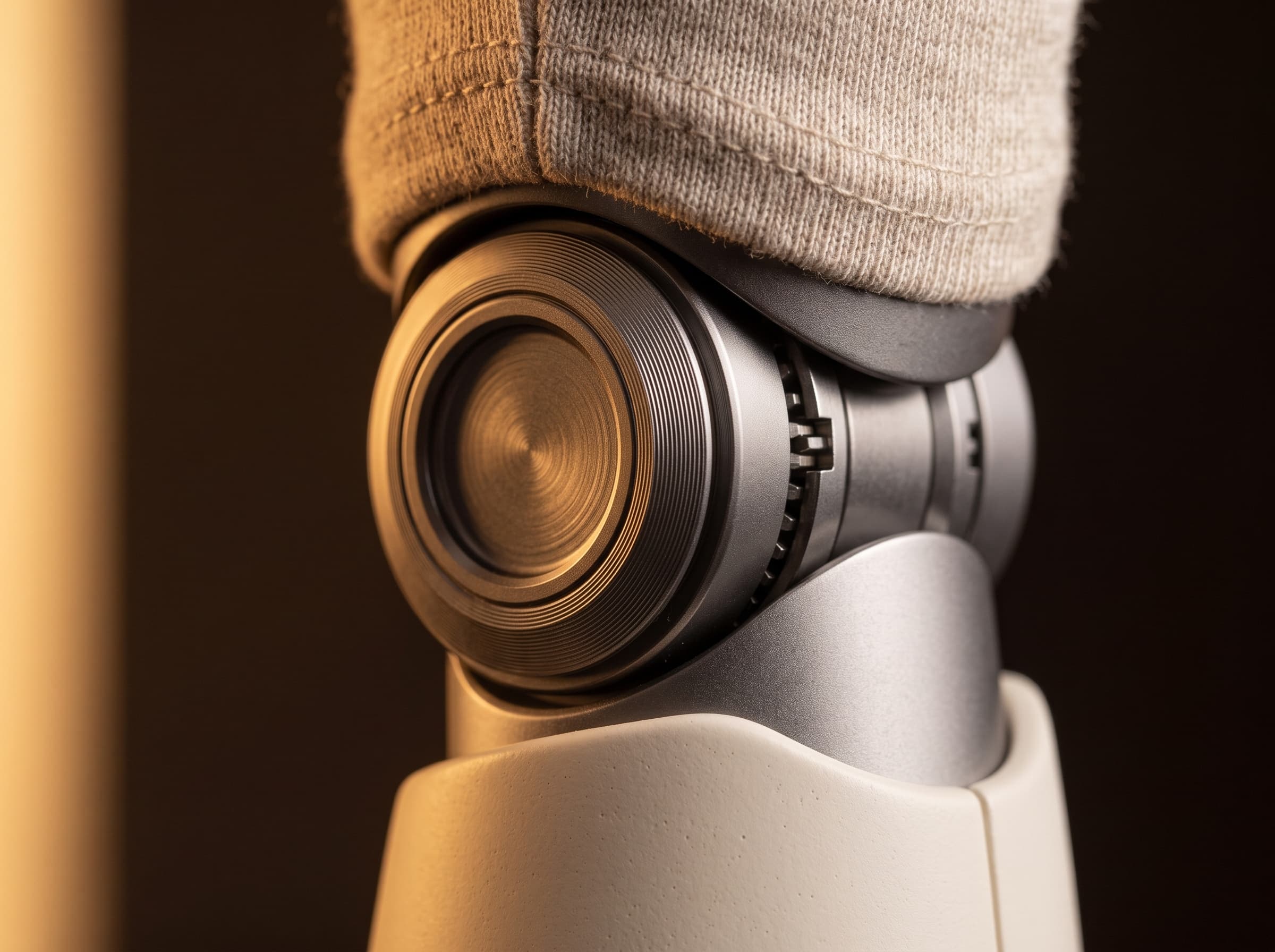 Macro view of Oriel's knee: a machined graphite actuator where the knit thigh meets the ceramic shin.