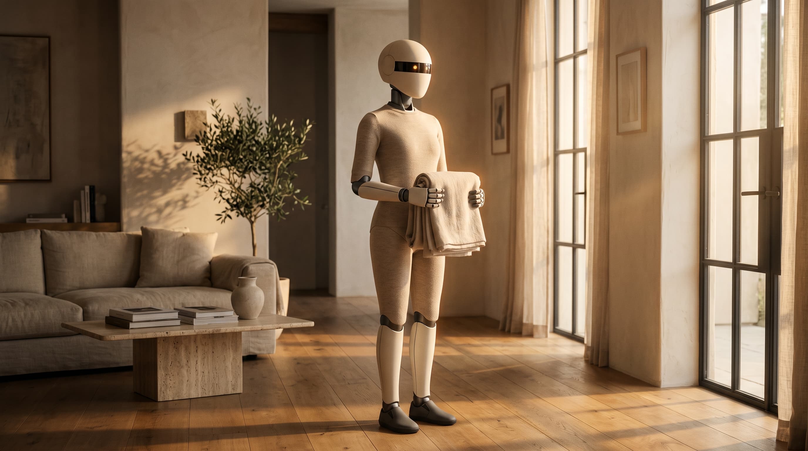 Oriel, a slender humanoid robot in an oatmeal knit body and off-white ceramic shell, standing in a sunlit living room holding a folded linen throw.