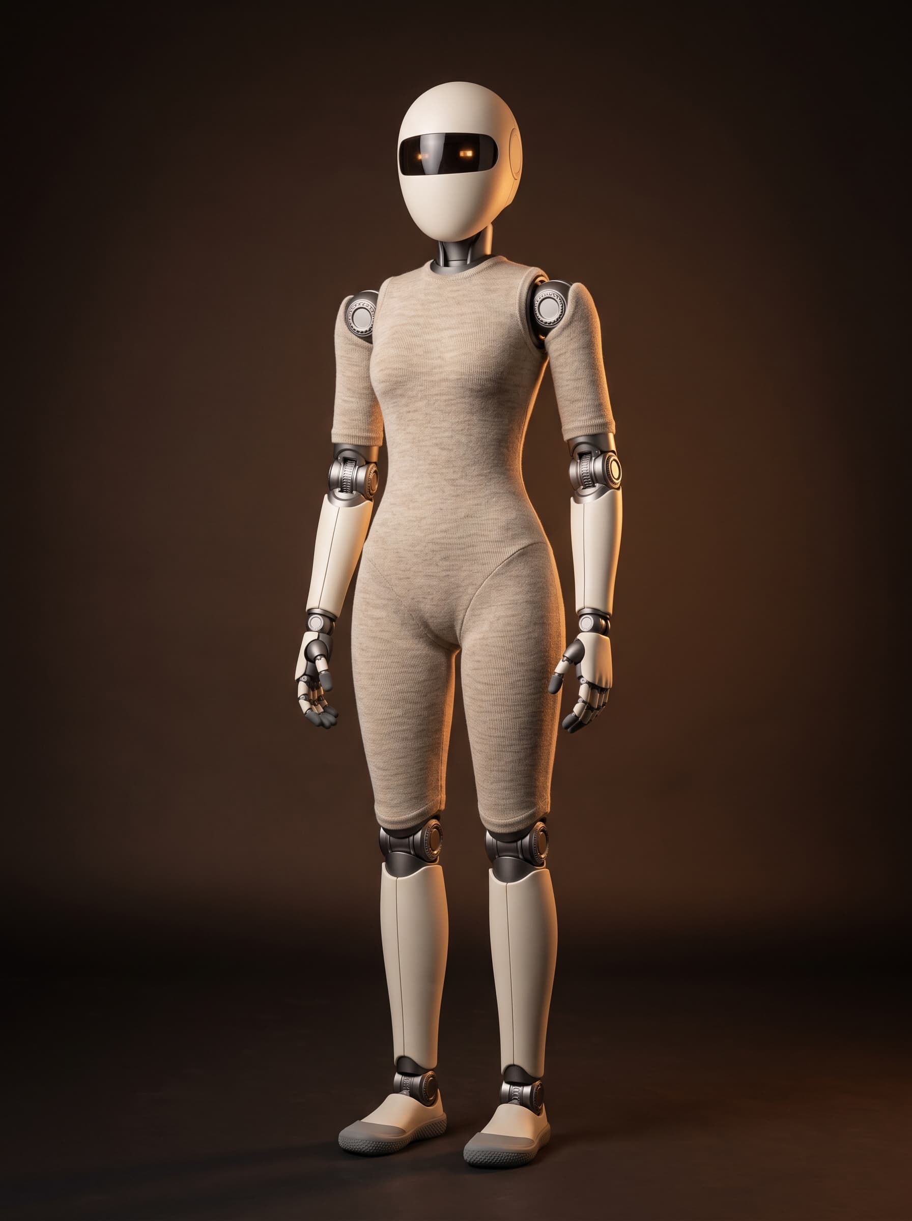 Studio portrait of Oriel standing in a relaxed pose, showing its ceramic head, oatmeal knit body and graphite joints.
